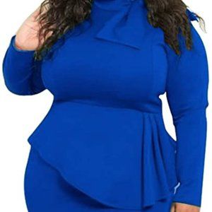 Blue Tie Neck Peplum Long Sleeve Dress Royal Blue XL Business Casual Church Work